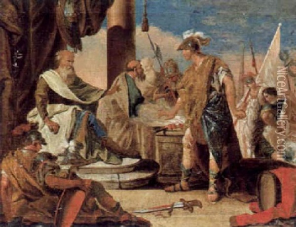 Mucius Scaevola Vor Konig Porsenna Oil Painting - Giovanni Battista Pittoni the younger