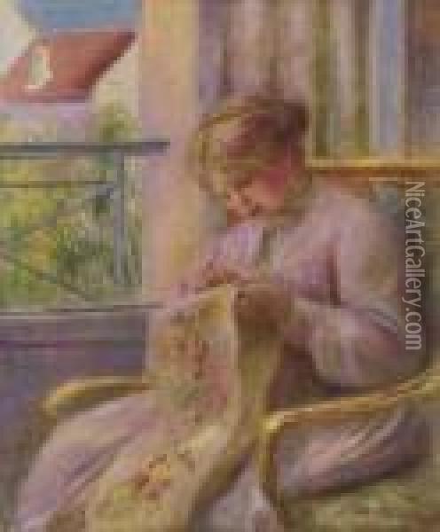 Jeune Femme Brodant A La Fenetre Oil Painting - Pierre Auguste Renoir