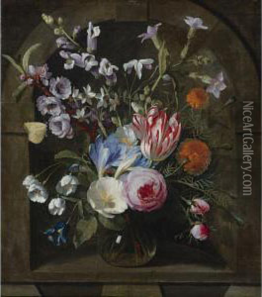 Still Life Of A Vase Of Flowers In A Niche Oil Painting - Gaspar-pieter The Younger Verbruggen
