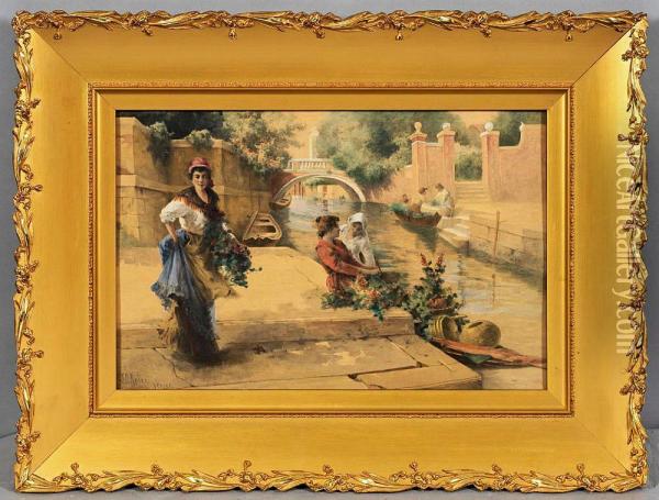 Venezianischesommerimpression Mit Madchen Am Kanal Oil Painting - John (Charles) Arter
