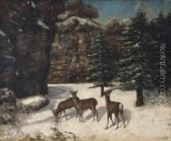 Atelier De, Paysage Aux Trois Biches Oil Painting - Gustave Courbet