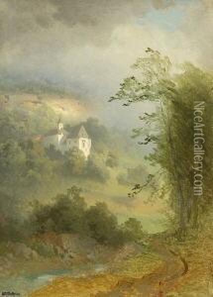 Landschaftsstudie Bei
 Nebelstimmung. Oil Painting - Josef Wopfner