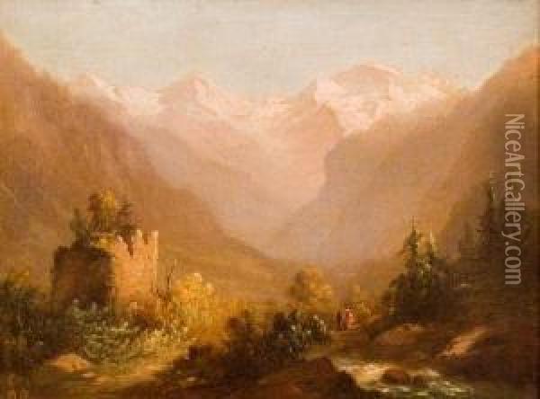Tower Ruin In The Mountains. Oil Painting - Charles-Louis Mutler