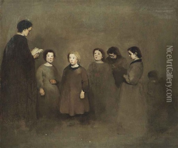 A Lesson At Bracquemont Oil Painting - Theodule Ribot