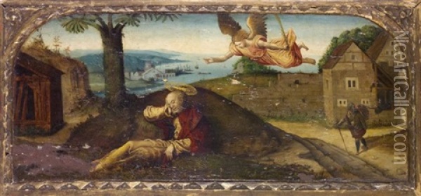 Saint Alexis (?) Au Repos Devant Un Paysage Cotier Oil Painting - Juan De Flandes