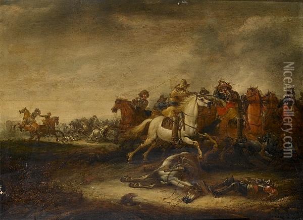 A Cavalry Skirmish Oil Painting - Abraham van der Hoef