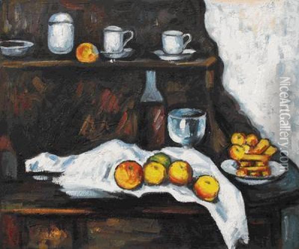 Receptacles, Fruit And Biscuits On A Sideboard Oil Painting - Paul Cezanne