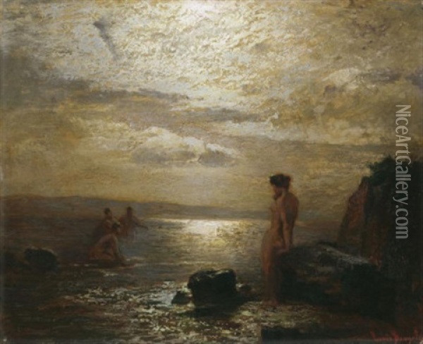 Badende An Felsiger Kuste Bei Sonnenuntergang Oil Painting - Louis Douzette