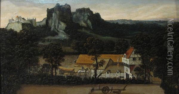 An Extensive Landscape With Workers Harvestingwheat In The Foreground Oil Painting - Lucas van Valckenborch