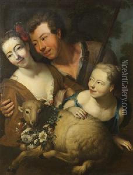 A Huntsman And His Family With A Sheep And A Garland Of Flowers Oil Painting - Kaspar Jakob Van Opstal