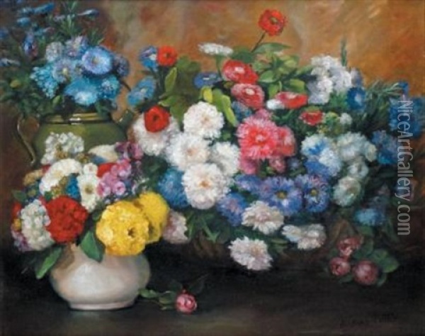 Les Trois Vases De Fleurs Oil Painting - Albert Dubois-Pillet