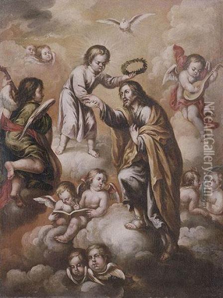 Jesus Coronando A San Jose Oil Painting - Lucas De Valdes