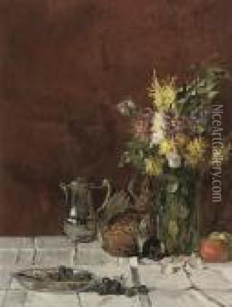A Bowl Of Grapes, A Silver 
Coffee Pot, A Pheasant, A Vase Offlowers And Apples On A Draped Table Oil Painting - Edmond Yvon