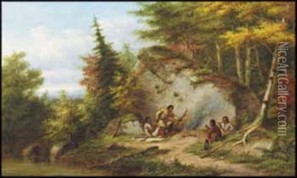 Huron Hunters At Big Rock Oil Painting - Cornelius David Krieghoff