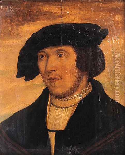 Portrait of a young bearded man, small bust length, wearing a black coat with lace chemise and black hat Oil Painting - Hans Holbein the Younger