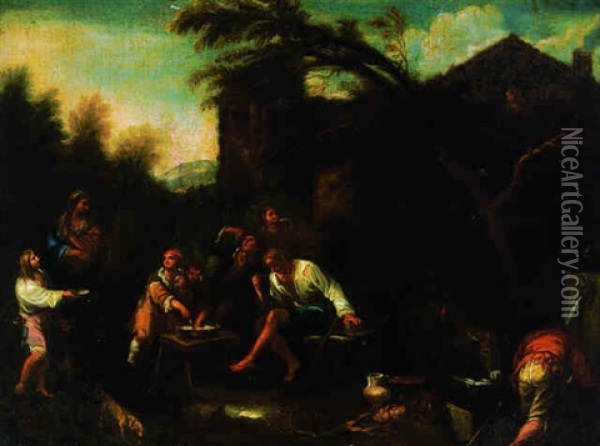 Peasants Eating Outside A Homestead Oil Painting - Giuseppe Nogari
