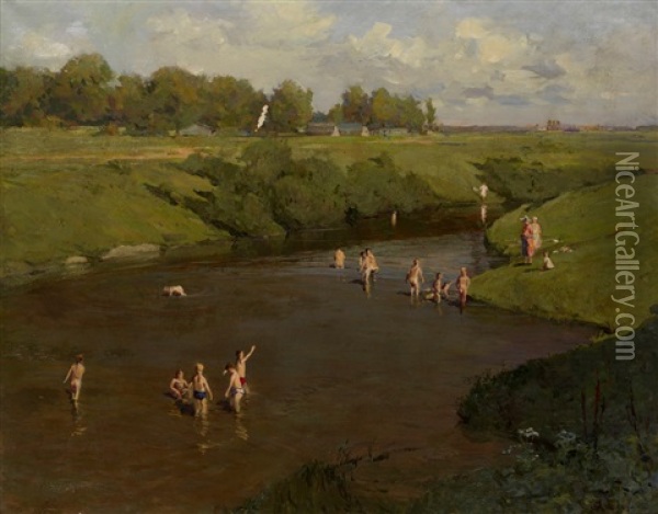 Bathing Children Oil Painting - Aleksei Fedorovich Afanas'ev