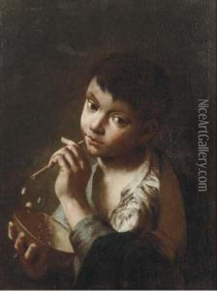 A Young Beggar Boy Blowing Bubbles Oil Painting - Domenico Maggiotto