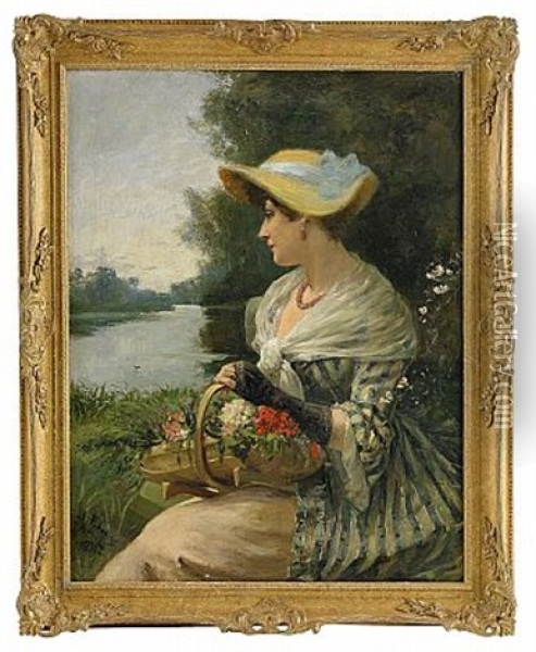Kvinna Med Blomsterkorg Oil Painting - Albert Ludovici Jr.