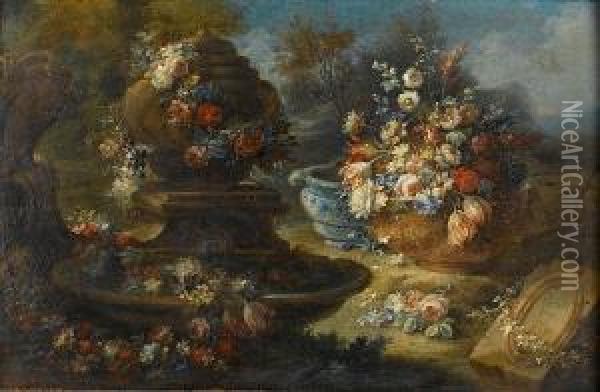 Chrysanthemums, Morning Glory, 
Roses And Otherflowers In A Bronze Urn Beside A Waterfall; And A 
Fountaindecorated With Garlands Of Flowers With Tulips, Roses And 
Otherflowers In A Large Dish Oil Painting - Gasparo Lopez