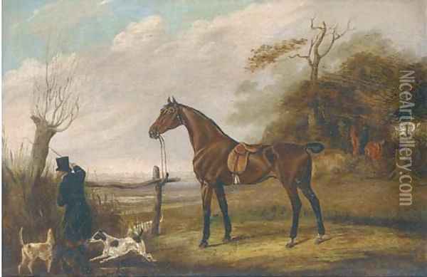 A saddled dark brown hunter in a landscape Oil Painting - English School