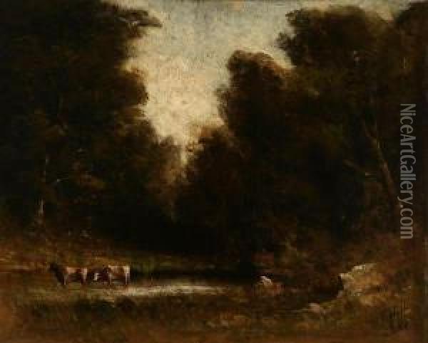 Cows Watering In A Forest Clearing Oil Painting - Thomas Hill