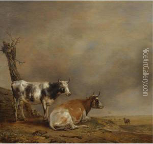 Two Cows And A Goat By A Pollarded Tree In A Landscape With Other Cows In The Distance Oil Painting - Paulus Potter