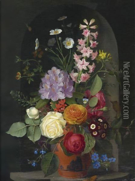 A Bouquet In A Wedgwood Rosso Antico Vase, Set In A Niche Oil Painting - Otto Didrik Ottesen