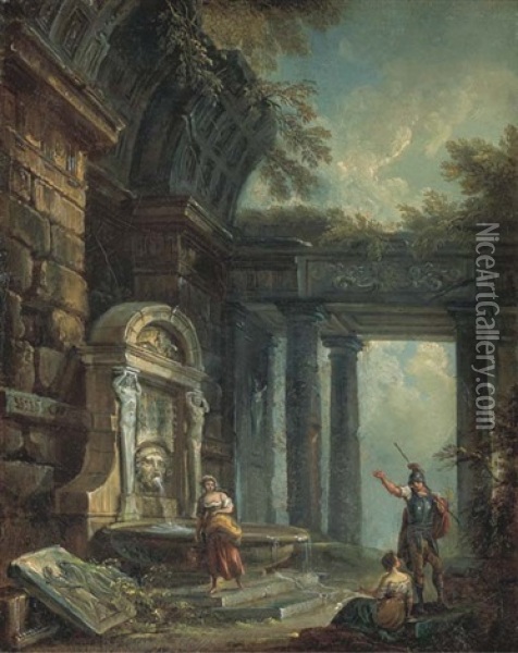 Un Soldat Et Deux Femmes Devant Une Fontaine Antique Oil Painting - Jean Baptiste Lallemand