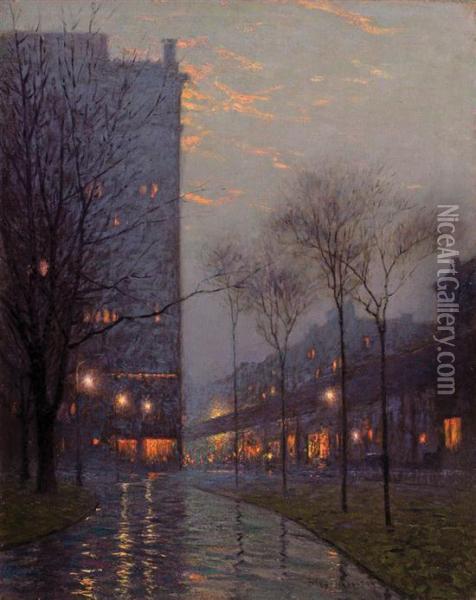 Bryant Park At Evening, New York Oil Painting - Lowell Birge Harrison