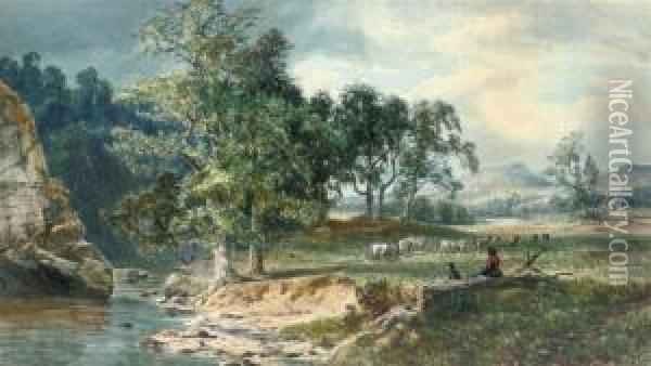 A Shepherdess Watching Her Flock By A Stream Oil Painting - John Faulkner