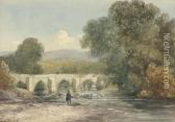 An Angler On The River Wharfe, Possibly Near Burnsall Bridge,yorkshire Oil Painting - David I Cox