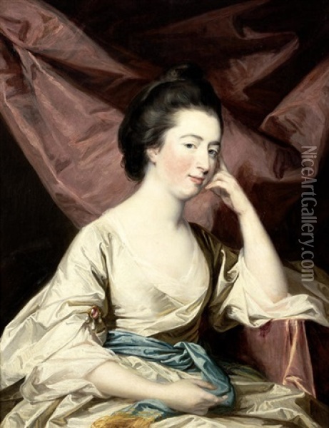Portrait Of Lady Fortescue, Seated, Half-length, In A White Silk Dress Before A Red Curtain Oil Painting - Francis Cotes