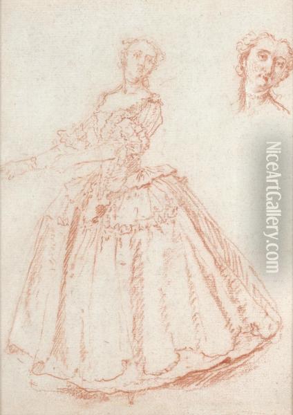 A Standing Lady, With Separate Study Of Her Head Oil Painting - Nicolas Lancret