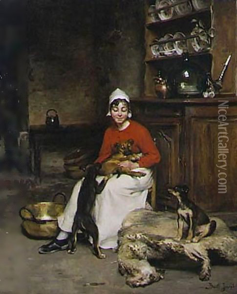 The Kitchen Maid With Three Puppies Oil Painting - Claude Joseph Bail