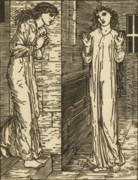 Cupid Going Away Et Meeting At Door Of Two Sisters Oil Painting - School Pre-Raphaelite