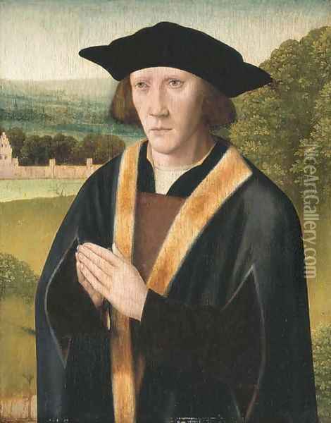 Portrait of a donor, half-length, in a fur trimmed robe, in a landscape Oil Painting - Jan Provost