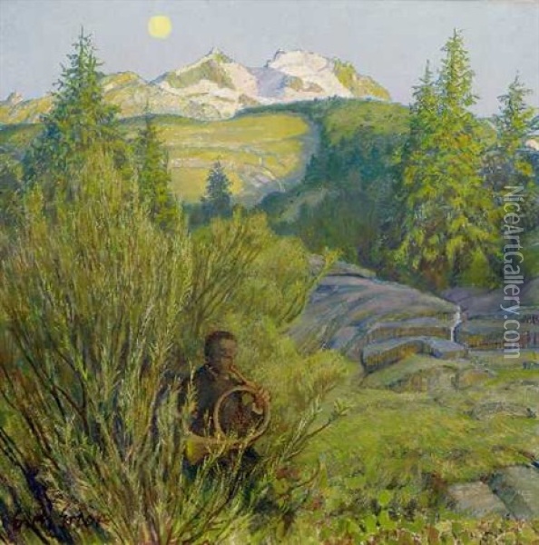 Hornblaser Im Hochgebirge Oil Painting - Erich Erler-Samedan