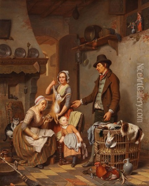 Keukeninterieur Met Familie Oil Painting - Charles Brias