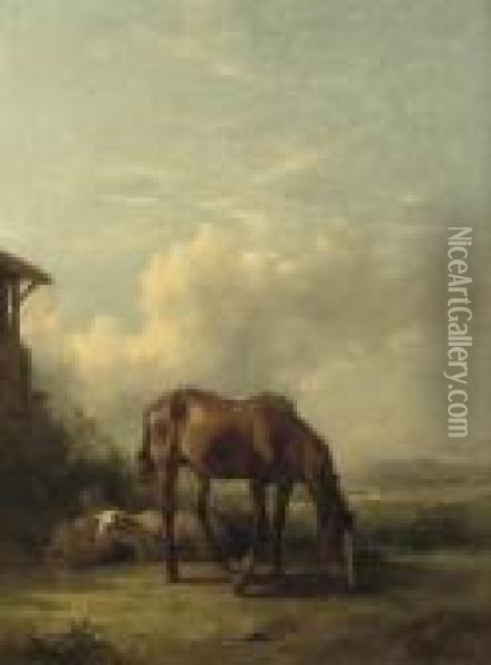Sheep And A Horse On A Sunny Afternoon Oil Painting - Friedrich Gauermann