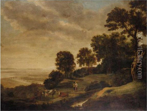 Extensive Landscape With Rustics And Cattle Oil Painting - Alexander Nasmyth