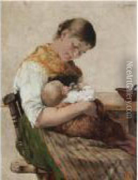 Maternal Affection Oil Painting - Georg Jakobides