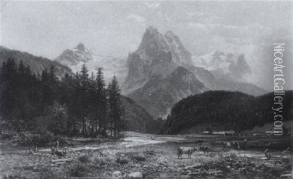 Alpenlandschaft Mit Dem Rosenlauigletscher Oil Painting - Bernhard Muehlig