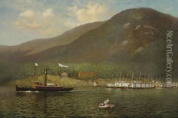 Tug A.C. Cheney Towing Barges Past Bear Mountain Oil Painting - James Gale Tyler