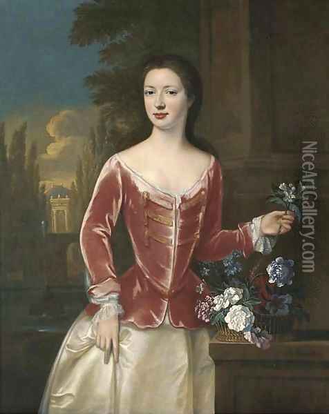 Portrait of a lady, three-quarter-length, in a pink bodice and oyster satin skirt, holding a sprig of orange blossom in her left hand Oil Painting - Johannes or Jan Verelst