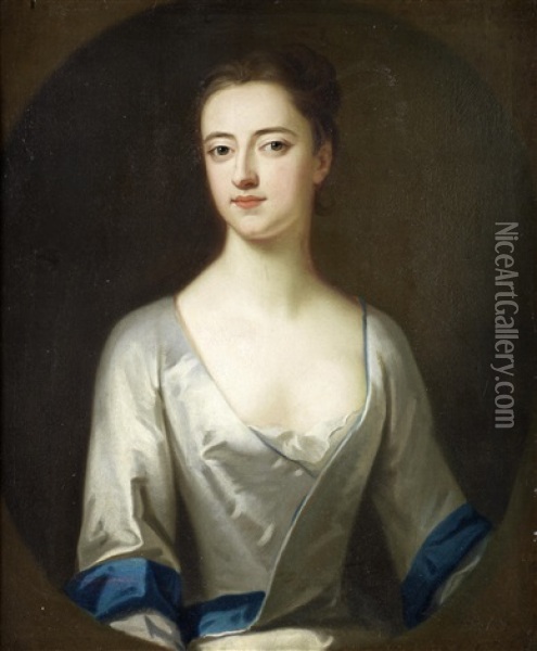 Portrait Of A Lady, Said To Be Lady Sarah Cowper, Bust-length, In A White Silk Dress And A Blue Wrap Oil Painting - Enoch Seeman