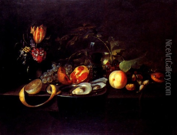 Huitres, Fleurs Et Fruits Sur Un Entablement Oil Painting - Michiel Simons