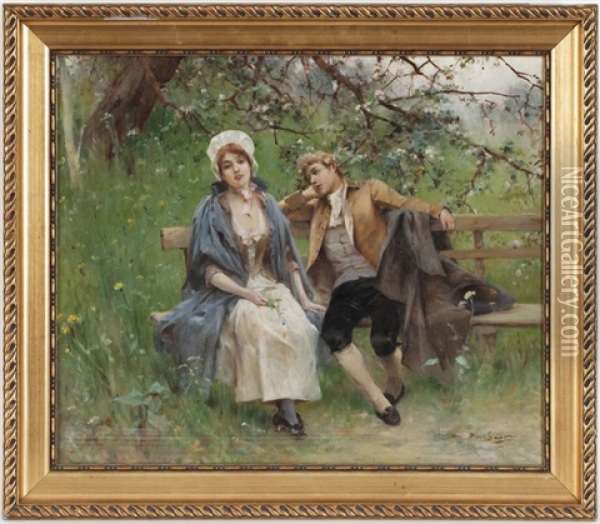 Scene Galante Sous Un Arbre En Fleurs Oil Painting - Emile Auguste Pinchart