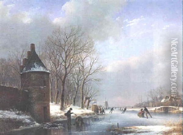 A Winter Landscape With Skaters On A Frozen River Oil Painting - Andreas Schelfhout
