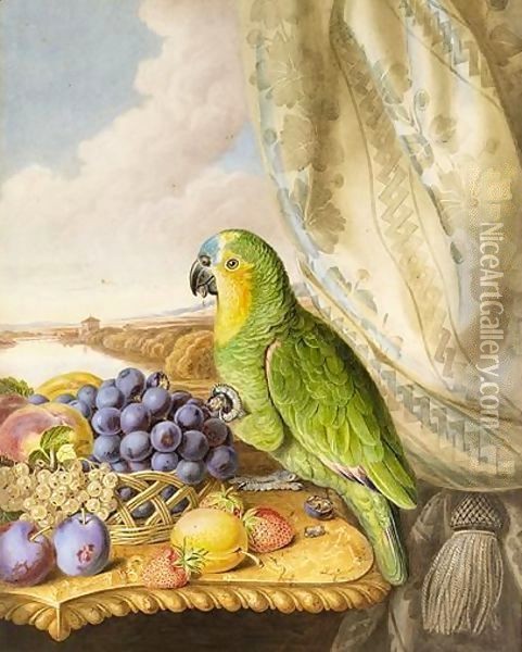 A Parrot Eating From A Bowl Of Grapes, Plums, Peaches And Strawberries, A River Landscape Beyond Oil Painting - Augusta Innes Withers